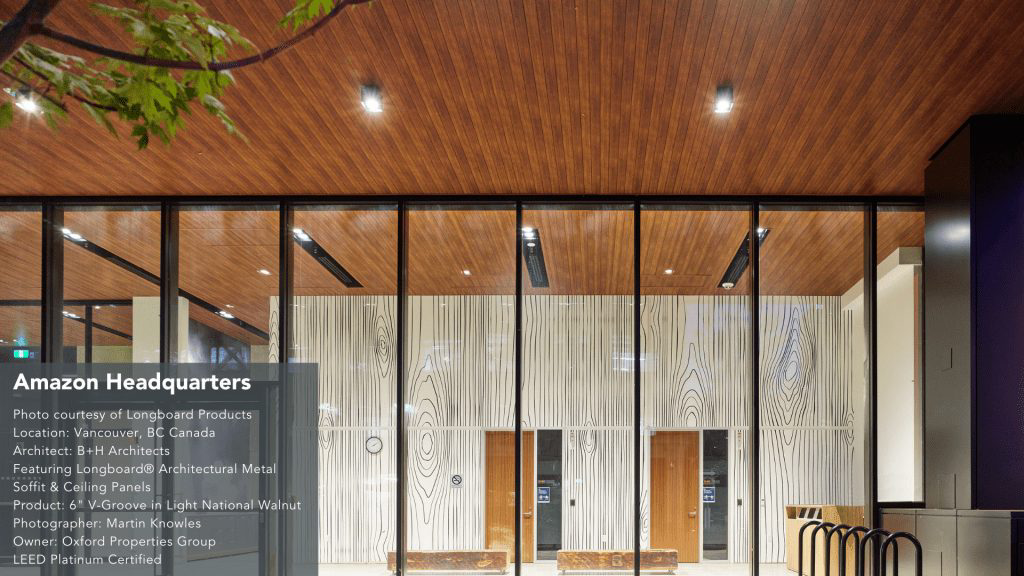 Image of a sustainable interior design at the Amazon Headquarters, located in Vancouver, BC. The Photo features Longboard's Soffit and Ceiling panels. 6 inch V-Groove in Light National walnut is the product used. Photo is taken by Martin Knowles.