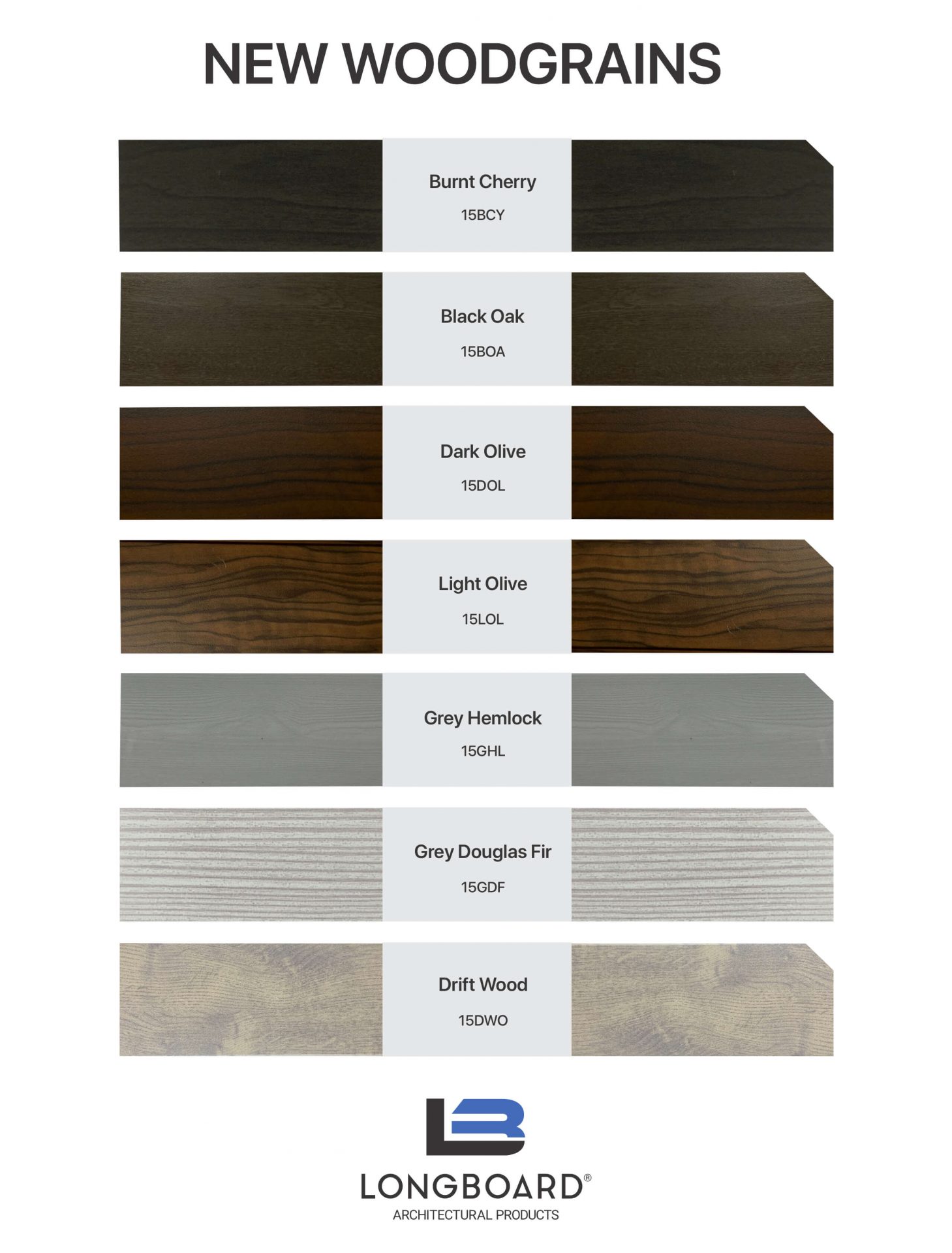 Graphic showing seven new woodgrain finishes in darker tones with product name and number and company logo