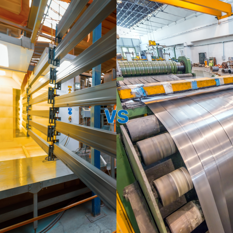 Graphic containing a photo of a powder coating booth on the left and a coil coating booth on the right.